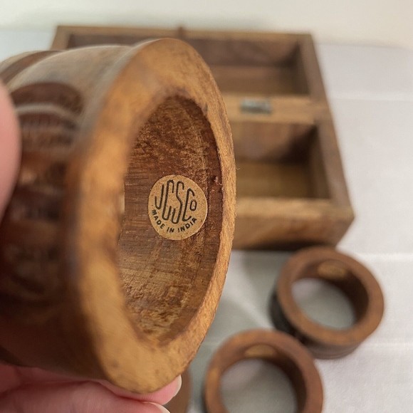 Vintage JCS Co Hand Carved Wood Elephant Napkin Rings Set Of 6 With Wooden Box - Picture 10 of 16
